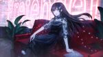  1girl brown_hair christmas_lights chromatic_aberration couch doumyouji_cocoa dress flower hair_between_eyes hair_ornament highres holding holding_flower light_particles long_hair looking_at_viewer neon_lights red_eyes riot_music sheer_clothes sitting smile solo virtual_youtuber 
