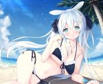  1girl :q animal_ears aqua_eyes bare_shoulders bikini black_bikini black_bow blue_sky blush bow breasts closed_mouth clouds collarbone commentary_request day flower frilled_bikini frills front-tie_bikini front-tie_top hair_bow hair_flower hair_ornament hair_rings hand_up horizon jewelry large_breasts long_hair lying navel necklace ocean on_side original outdoors palm_tree pearl_necklace pendant rabbit_ears satsuki_yukimi side-tie_bikini silver_hair sky smile solo swimsuit tongue tongue_out tree very_long_hair water white_flower 