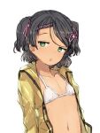  1girl alchera bikini black_hair braid flat_chest green_eyes kantai_collection looking_at_viewer mole mole_under_eye open_clothes parted_lips raincoat scirocco_(kancolle) short_hair simple_background solo swimsuit tan two_side_up upper_body white_background white_bikini yellow_raincoat 