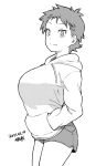  1girl artist_name bangs breasts cowboy_shot dated drawstring from_side greyscale hood hood_down hoodie huge_breasts looking_at_viewer monochrome original short_hair short_shorts shorts simple_background smile solo thighs tomboy tsukudani_(coke-buta) white_background 