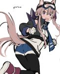  1girl animal_ears arknights black_jacket black_legwear blue_neckwear blue_shorts boots brown_hair cardigan_(arknights) dog_ears dog_girl dog_tail goggles goggles_on_head hair_between_eyes highres jacket legwear_under_shorts looking_at_viewer multicolored_hair necktie one-hour_drawing_challenge open_mouth pantyhose purple_footwear purple_hair shirt shorts simple_background solo streaked_hair tail tetuw twitter_username violet_eyes white_background white_shirt 