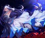  1girl absurdres blue_hair breasts draph dress elbow_gloves flower gloves granblue_fantasy hand_on_own_chest hat highres hinataa horns huge_filesize izmir large_breasts long_dress long_hair pointy_ears red_eyes spider_lily starry_background very_long_hair 
