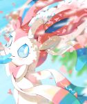  blue_eyes blurry blush bright_pupils closed_mouth commentary_request falling_petals highres no_humans petals pokemon pokemon_(creature) signature smile solo surumeika_(ninfiiiir) sylveon white_pupils 