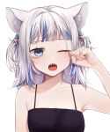  1girl ;o animal_ear_fluff animal_ears arm_up armpits bangs bare_arms bare_shoulders blue_hair blunt_bangs blush camisole cat_ears collarbone commentary gawr_gura highres hololive hololive_english medium_hair multicolored_hair one_eye_closed open_mouth sharp_teeth silver_hair simple_background sleeveless solo spaghetti_strap streaked_hair sunmil tears teeth two-tone_hair two_side_up upper_teeth virtual_youtuber white_background wiping_tears 