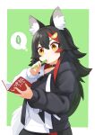  1girl absurdres animal_ear_fluff animal_ears bangs black_choker black_hair black_hoodie black_shorts book choker flipped_hair hair_between_eyes hair_ornament hairclip highlights highres holding holding_book holding_pen hololive hood hoodie long_hair long_sleeves multicolored_hair ookami_mio paw_print paw_print_pattern pen redhead shorts sidelocks solo thinking thought_bubble two-tone_hoodie upper_body very_long_hair virtual_youtuber wappa white_hoodie wolf_ears yellow_eyes 