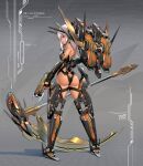  1girl ass black_gloves breasts english_commentary fingerless_gloves from_behind full_body gloves grey_background highres holding holding_weapon looking_at_viewer looking_back mecha mecha_musume mixed-language_commentary original pinakes red_eyes short_hair small_breasts solo weapon white_hair 