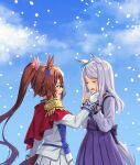  2girls animal_ears bangs blue_sky brown_hair closed_eyes clouds commentary_request crying day ear_ribbon epaulettes gloves green_ribbon hair_ribbon hands_up high_ponytail horse_ears horse_girl horse_tail jacket kws long_hair long_sleeves mejiro_mcqueen_(umamusume) multicolored_hair multiple_girls open_mouth outdoors pink_ribbon pleated_skirt ponytail profile purple_shirt purple_skirt ribbon school_uniform shirt silver_hair single_epaulette skirt sky smile streaked_hair swept_bangs tail tears tokai_teio_(umamusume) tracen_school_uniform umamusume very_long_hair wavy_mouth white_gloves white_hair white_jacket white_skirt 