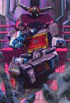  1boy buzzsaw_(transformers) commission decepticon highres looking_at_viewer marble-v mecha no_humans open_hand open_hands pov red_eyes science_fiction shoulder_cannon sitting smoke solo_focus soundblaster transformers transformers:_war_for_cybertron_trilogy 