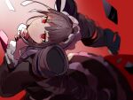  1girl bangs black_hair black_nails blurry blurry_foreground bonnet celestia_ludenberg dangan_ronpa:_trigger_happy_havoc dangan_ronpa_(series) depth_of_field drill_hair frilled_skirt frills gothic_lolita gradient gradient_background grey_background hands_up highres huyuharu0214 layered_skirt lolita_fashion long_hair long_sleeves looking_at_viewer necktie own_hands_together red_background red_eyes signature skirt smile solo twin_drills twintails 