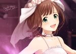  1girl 2019 :d amami_haruka blurry blurry_background bow bridal_veil brown_hair character_name choker collarbone dated flower green_eyes hair_bow hair_flower hair_ornament happy_birthday head_wreath heart heart_choker idolmaster idolmaster_(classic) nogoodlife open_mouth portrait shiny shiny_hair short_hair sleeveless smile solo spaghetti_strap veil white_bow white_choker white_flower 