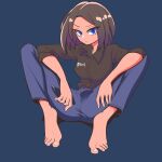  1girl barefoot black_shirt blue_background blue_eyes blue_pants brown_hair collared_shirt elflorri full_body highres knees_up long_sleeves looking_at_viewer medium_hair mole mole_under_eye pants samsung samsung_sam shirt simple_background solo standing white_nails 