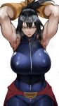  1girl absurdres armpits arms_behind_head arms_up bangs bare_shoulders biceps black_hair boku_no_hero_academia breasts cape folded_ponytail gloves grey_eyes highres huge_breasts long_hair looking_at_viewer mole mole_under_mouth muscular muscular_female open_mouth red_cape shimura_nana sleeveless_bodysuit sweat waist_cape yellow_gloves yoshio_(55level) 