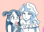  2girls collarbone couple diana_cavendish eating food highres ice_cream jewelry kagari_atsuko little_witch_academia long_hair looking_at_another monochrome multiple_girls neck necklace open_mouth popsicle popsicle_stick simple_background skrtttt-6 watermark wavy_hair yuri 