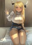  1girl blonde_hair blush denim denim_shorts draph granblue_fantasy highres horn_ornament horn_warmers horns kuvira_(granblue_fantasy) long_hair on_bed pepeo pillow pointy_ears ribbed_sweater short_shorts shorts sitting smile solo sweater thighs turtleneck turtleneck_sweater vest waving white_sweater yellow_eyes 