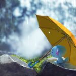  blurry blurry_background closed_eyes closed_mouth commentary_request creature ekm gen_2_pokemon grass no_humans outdoors pokemon pokemon_(creature) rain rock sitting smile solo umbrella wooper 