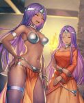  2girls absurdres anbe_yoshirou armlet bangs bare_shoulders blurry blurry_background bracelet breasts circlet closed_eyes collarbone commentary_request dancer&#039;s_costume_(dq) dark-skinned_female dark_skin dragon_quest dragon_quest_iv dress earrings fingernails gradient hand_on_hip highres indoors jewelry light_smile lips long_hair manya medium_breasts minea multiple_girls navel open_mouth orange_dress parted_bangs pelvic_curtain purple_hair shiny shiny_hair siblings sisters stomach thigh_strap thighs twins 