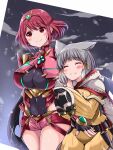  2girls absurdres animal_ears bangs black_gloves blunt_bangs bodysuit breasts cat_ears chest_jewel earrings facial_mark fingerless_gloves gloves highres jewelry kurokaze_no_sora large_breasts nia_(xenoblade) pyra_(xenoblade) red_eyes red_legwear red_shorts redhead short_hair short_shorts shorts silver_hair small_breasts swept_bangs thigh-highs tiara white_gloves xenoblade_chronicles_(series) xenoblade_chronicles_2 yellow_bodysuit yellow_eyes 