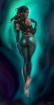  1girl ass atomx aura bare_shoulders black_gloves black_hair breasts brown_lips dark-skinned_female dark_skin elbow_gloves floating from_behind gloves green_eyes green_pants hair_tubes hairlocs kneepits league_of_legends legs_together lips looking_back medium_breasts nose pants pinup_(style) senna_(league_of_legends) soles solo tight tight_pants turning_head very_dark_skin 
