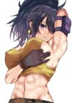  1girl abs ammunition_pouch araimooah armlet armpits bare_shoulders belt blue_eyes blue_hair breasts covering_nipples dog_tags earrings eyes gloves jewelry large_breasts leona_heidern midriff military military_uniform muscular muscular_female navel pants ponytail pouch sleeveless solo standing sweatdrop tank_top the_king_of_fighters the_king_of_fighters_xiv the_king_of_fighters_xv triangle_earrings uniform white_background yellow_tank_top 