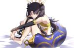  1girl armlet bangs bikini black_hair black_legwear bracelet breasts detached_sleeves earrings fate/grand_order fate_(series) gold_trim hair_ribbon heavenly_boat_maanna hoop_earrings ishtar_(fate) ishtar_(fate)_(all) jewelry knees_up legs long_hair looking_at_viewer medium_breasts mismatched_bikini parted_bangs red_eyes ribbon single_detached_sleeve single_thighhigh sitting solo spider_apple swimsuit thigh-highs thighlet tiara two_side_up 