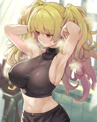  1girl bandaid bandaid_on_face blonde_hair bra breasts brown_eyes granblue_fantasy gym_shirt gym_shorts highres kztk large_breasts long_hair monika_weisswind shirt shorts solo sweat training_bra twintails underwear wavy_hair 