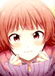  1girl :3 bangs eyebrows_visible_through_hair idolmaster idolmaster_million_live! long_sleeves looking_at_viewer nogoodlife nonohara_akane portrait purple_sweater red_eyes redhead short_hair sleeves_past_wrists solo sweater 