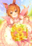  1girl :d animal_ears bangs bare_shoulders blush bouquet brown_eyes brown_hair collarbone commentary_request day dress ech eyebrows_visible_through_hair flower hair_between_eyes hair_flower hair_ornament horse_ears long_hair looking_at_viewer mayano_top_gun_(umamusume) open_mouth outdoors pink_flower pink_rose rose sidelocks smile solo strapless strapless_dress umamusume white_dress white_flower yellow_flower 