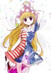  1girl american_flag_dress bangs blonde_hair closed_mouth clownpiece eyebrows_visible_through_hair eyes_visible_through_hair fairy_wings fire hand_up hat highres hiroshige_36 long_hair looking_at_viewer pink_eyes purple_headwear short_sleeves simple_background smile solo sparkle_background tongue torch touhou white_background wings 