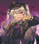  1girl :d animal ascot bat capelet commentary_request dress epaulettes eyepatch fangs finger_in_mouth grey_hair hand_up hat highres long_hair long_sleeves looking_at_viewer matsukai_mao medical_eyepatch mosomoso nijisanji open_mouth peaked_cap puffy_long_sleeves puffy_sleeves purple_capelet purple_dress purple_headwear red_neckwear smile solo two_side_up very_long_hair violet_eyes virtual_youtuber 