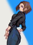  1girl black_shirt blue_eyes breasts brown_hair collared_shirt denim forehead from_behind hair_behind_ear hand_on_hip highres james_ghio jeans looking_down medium_breasts mole mole_under_eye pants parted_lips samsung samsung_sam shirt shirt_tucked_in short_hair smile solo watch watch 