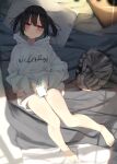  1girl animal bangs barefoot bed black_hair cat cellphone closed_mouth eyebrows_visible_through_hair holding holding_phone hood hood_down hoodie jacket kamizaki_hibana long_sleeves looking_at_viewer lying on_back on_bed original phone pillow pink_eyes short_twintails shorts smartphone twintails white_shorts 