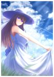  1girl bangs breasts clouds dress eyebrows_visible_through_hair from_side grass hair_ornament hairclip hat highres hololive lens_flare long_hair looking_at_viewer looking_down medium_breasts sky smile solo sun_hat sunlight tanu_(ace_ikachan) tokino_sora virtual_youtuber white_dress white_headwear 