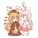  2girls animal_ears bangs belt black_dress black_headwear blush brown_footwear chibi chinese_clothes crescent dress eyebrows_visible_through_hair eyes_visible_through_hair flower hair_between_eyes hands_up hat hiroshige_36 junko_(touhou) long_hair long_sleeves looking_at_another multiple_girls orange_hair pink_flower pink_hair pink_neckwear pink_skirt pom_pom_(clothes) rabbit_ears red_eyes red_vest reisen_udongein_inaba shirt shoes short_sleeves simple_background skirt standing touhou vest white_background white_shirt yellow_flower yellow_neckwear yellow_vest yuri 