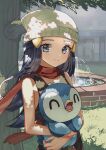  1girl bare_arms beanie black_hair blush closed_mouth hikari_(pokemon) day eyelashes fountain gen_4_pokemon grass grey_eyes hat highres holding holding_pokemon long_hair looking_at_viewer outdoors piplup pokemon pokemon_(creature) pokemon_(game) pokemon_dppt red_scarf scarf shiinamirin sleeveless smile starter_pokemon tree water white_headwear 