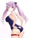  1girl absurdres ass ass_cutout bare_arms bare_shoulders blue_swimsuit breasts closed_mouth clothing_cutout cowboy_shot hair_ribbon heart_cutout highres kano_(wi3028) leaning_forward long_hair looking_at_viewer looking_back medium_breasts one-piece_swimsuit original purple_hair ribbon simple_background solo standing sweatdrop swimsuit thigh_strap twintails violet_eyes white_background 