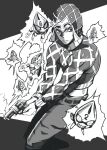  1boy doushimasho finger_on_trigger greyscale guido_mista gun hat highres holding holding_gun holding_weapon jojo_no_kimyou_na_bouken looking_at_viewer male_focus monochrome pants parted_lips revolver sex_pistols_(stand) shirt smoke smoking_gun solo two-handed vento_aureo weapon 