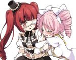  2girls arm_hug black_headwear blush breasts brown_eyes brown_hair closed_eyes drill_hair eyebrows_visible_through_hair eyepatch gothic_lolita hair_ornament hair_ribbon hanazono_yurine hat jashin-chan_dropkick lolita_fashion long_hair medium_breasts multiple_girls open_mouth pink_hair pino_(jashin-chan_dropkick) ribbon shiny shiny_hair short_hair simple_background small_breasts tears twin_drills twintails upper_body white_background yukiwo yuri 