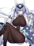  1girl :3 absurdres armpit_crease ass azur_lane bangs blue_eyes blue_hair bodystocking breasts center_opening closed_mouth coat coat_on_shoulders commentary_request covered_collarbone crossed_legs dress elbow_gloves eyebrows_visible_through_hair gloves hair_between_eyes hair_intakes hand_on_own_knee headgear highres holding holding_hair invisible_chair large_breasts long_hair looking_at_viewer new_jersey_(azur_lane) pantyhose partial_commentary sidelocks simple_background sitting smile solo thighband_pantyhose v very_long_hair white_background white_coat white_dress white_gloves yononaka 