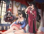  2girls animal_ears bangs bare_legs barefoot black_hair blue_dress breasts character_request clock closed_eyes closed_mouth collarbone commentary_request courier_(granblue_fantasy) cup dress erune flower full_body granblue_fantasy hair_brush hand_up holding holding_pillow indoors kneeling long_dress long_hair medium_breasts multiple_girls nier_(granblue_fantasy) on_bed open_mouth pillow red_dress sitting taba_comya tea_set teacup teapot very_long_hair window yawning 