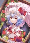  1girl ametama_(runarunaruta5656) bangs belt blue_hair blurry blurry_background bow choker closed_mouth dress fang flower hat hat_bow hat_flower highres holding holding_umbrella looking_at_viewer mob_cap puffy_short_sleeves puffy_sleeves purple_flower purple_rose red_belt red_bow red_eyes red_flower red_rose remilia_scarlet rose short_hair short_sleeves smile solo touhou umbrella upper_body white_dress white_headwear white_umbrella 