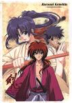  1990s_(style) 1girl 2boys absurdres bangs black_hair blue_eyes character_name copyright_name cross_scar floating_hair grin high_ponytail highres himura_kenshin kamiya_kaoru katana long_hair long_sleeves looking_at_viewer multiple_boys myoujin_yahiko official_art open_mouth red_eyes redhead retro_artstyle rurouni_kenshin scan scar scar_on_face sheath sheathed shinai short_hair smile sword weapon wooden_sword 