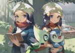  2girls bare_arms beanie black_hair blush book bush celebi closed_mouth commentary_request hikari_(pokemon) day eyelashes female_protagonist_(pokemon_legends:_arceus) fountain gen_2_pokemon gen_4_pokemon grass grey_eyes hat head_scarf holding holding_book holding_pokemon light_rays long_hair looking_at_viewer looking_back multiple_girls mythical_pokemon outdoors parted_lips piplup pokemon pokemon_(creature) pokemon_(game) pokemon_dppt pokemon_legends:_arceus ponytail red_scarf sash scarf shiinamirin sidelocks sleeveless smile starter_pokemon tree undershirt water white_headwear 