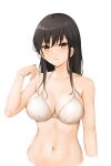  1girl absurdres bangs bikini black_hair blush breasts brown_eyes collarbone eyebrows_visible_through_hair fingernails halterneck hand_up highres long_hair looking_at_viewer medium_breasts mole mole_under_eye navel original parted_lips simple_background solo string_bikini swimsuit upper_body white_bikini yagih 