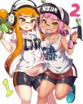  2girls baseball_cap bike_shorts brown_eyes fangs hat headphones highres inkling looking_at_viewer multiple_girls open_mouth orange_hair penguin_maru_(penginmaru) pink_hair pointy_ears shirt short_hair short_shorts shorts shorts_under_skirt smile splatoon_(series) splatoon_1 splatoon_2 t-shirt tan tank_top tentacle_hair 