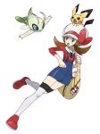  1girl :o blue_overalls bow brown_eyes brown_hair cabbie_hat celebi fujihana_(mugenpixel) gen_2_pokemon hat hat_bow holding_strap knees leg_up long_hair looking_to_the_side lyra_(pokemon) mythical_pokemon official_style open_mouth pichu pokegear pokemon pokemon_(creature) pokemon_(game) pokemon_hgss red_bow red_footwear red_shirt shirt shoes symbol_commentary thigh-highs twintails white_headwear white_legwear yellow_bag 