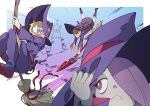  &gt;_o 3girls :c blonde_hair boots bright_pupils broom broom_riding brown_hair doushimasho freckles green_eyes hand_on_headwear hat kagari_atsuko little_witch_academia lotte_jansson motion_lines multiple_girls one_eye_closed open_mouth purple_footwear purple_headwear purple_robe purple_theme red_eyes sucy_manbavaran wand white_pupils witch_hat 