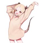  1girl absurdres arknights beudelb blonde_hair cowboy_shot demon_girl demon_horns demon_tail highres horns ifrit_(arknights) looking_at_viewer medium_hair open_mouth orange_eyes simple_background solo stretch sweater tail white_background yellow_sweater younger 