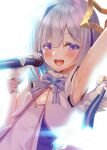  1girl :d amane_kanata angel angel_wings arm_up armpits asymmetrical_hair backlighting blue_hair blue_neckwear blush bob_cut bow bowtie colored_inner_hair feathered_wings gloves hair_over_one_eye half-closed_eyes halo highres holding holding_microphone hololive hololive_idol_uniform idol looking_at_viewer microphone mini_wings mizuno_kurage multicolored_hair official_alternate_costume open_mouth overexposure pink_hair short_hair silver_hair single_hair_intake sleeveless smile solo star_halo streaked_hair sweat upper_body upper_teeth vest violet_eyes virtual_youtuber white_background white_gloves white_vest white_wings wing_ribbon wings wrist_cuffs 