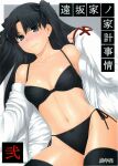  1girl black_bow black_bra black_eyes black_hair black_legwear black_panties blush bow bra closed_mouth cover cover_page doujin_cover embarrassed fate/stay_night fate_(series) hair_bow hand_up highres jin_(mitosupa) long_sleeves looking_at_viewer panties scan shirt side-tie_panties solo thigh-highs tohsaka_rin twintails two_side_up underwear white_shirt 