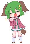  1girl animal_ears closed_eyes collar dog_ears dog_girl dog_tail green_hair highres jacket kasodani_kyouko miniskirt op_na_yarou pink_jacket skirt smile tail touhou waving 